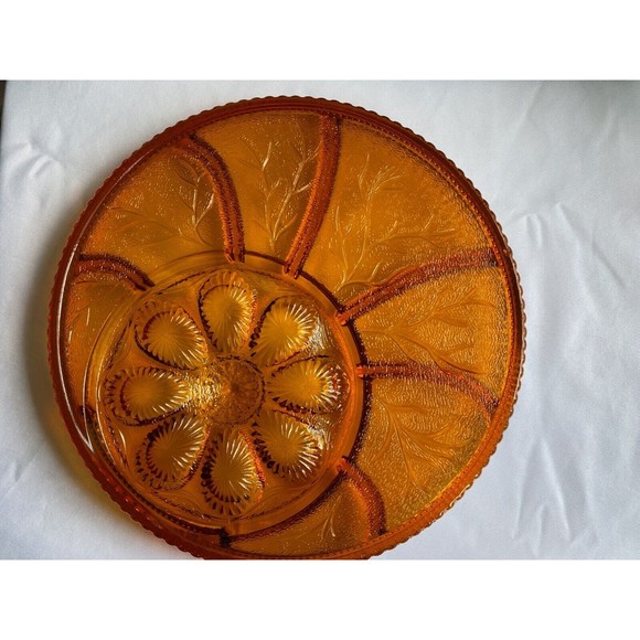 Indiana Glass Golden Amber Leaf Pattern Deviled Egg and Relish Tray - Picture 4 of 7